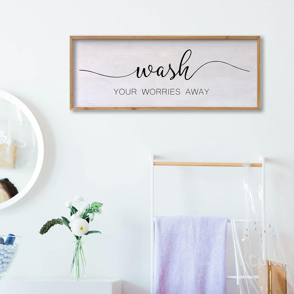 Wash Your Worries Away Bathroom Wall Art 24×10 Inch Wood Framed Decor Funny for Laundry Room Restroom Modern Rustic Inspirational Sign (Wood)