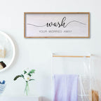 Wash Your Worries Away Bathroom Wall Art 24×10 Inch Wood Framed Decor Funny for Laundry Room Restroom Modern Rustic Inspirational Sign (Wood)