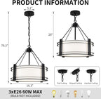 16.3''Black Drum Chandelier 3-Light Modern Farmhouse Chandelier with White Fabric Shade Adjustable Drum Pendant Light Fixture for Dining Room Kitchen Island Hallway Living Bedroom