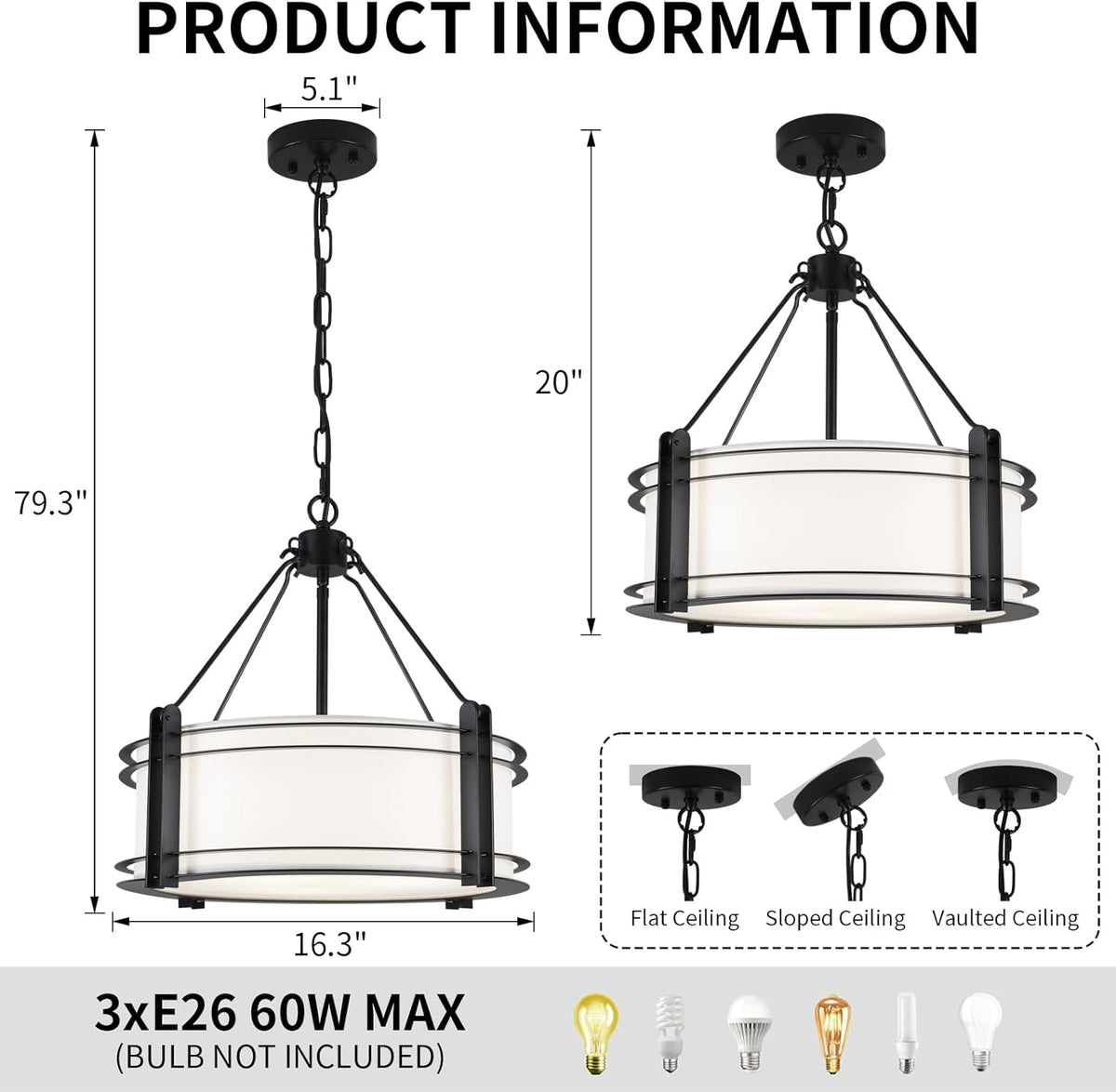 16.3''Black Drum Chandelier 3-Light Modern Farmhouse Chandelier with White Fabric Shade Adjustable Drum Pendant Light Fixture for Dining Room Kitchen Island Hallway Living Bedroom