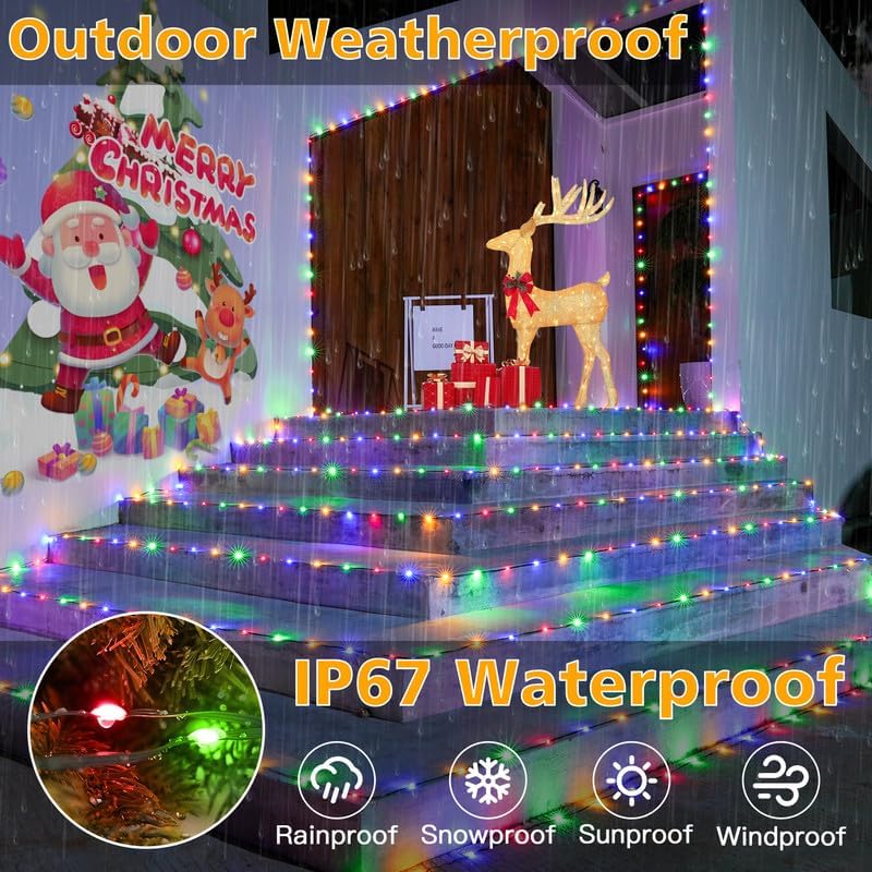 Ollny Christmas Lights Outdoor, 393FT 1200 LED IP67 Waterproof Christmas Tree Lights with 8 Modes Remote Timer, String Lights for House Yard Outside Indoor Xmas Decorations Multicolor