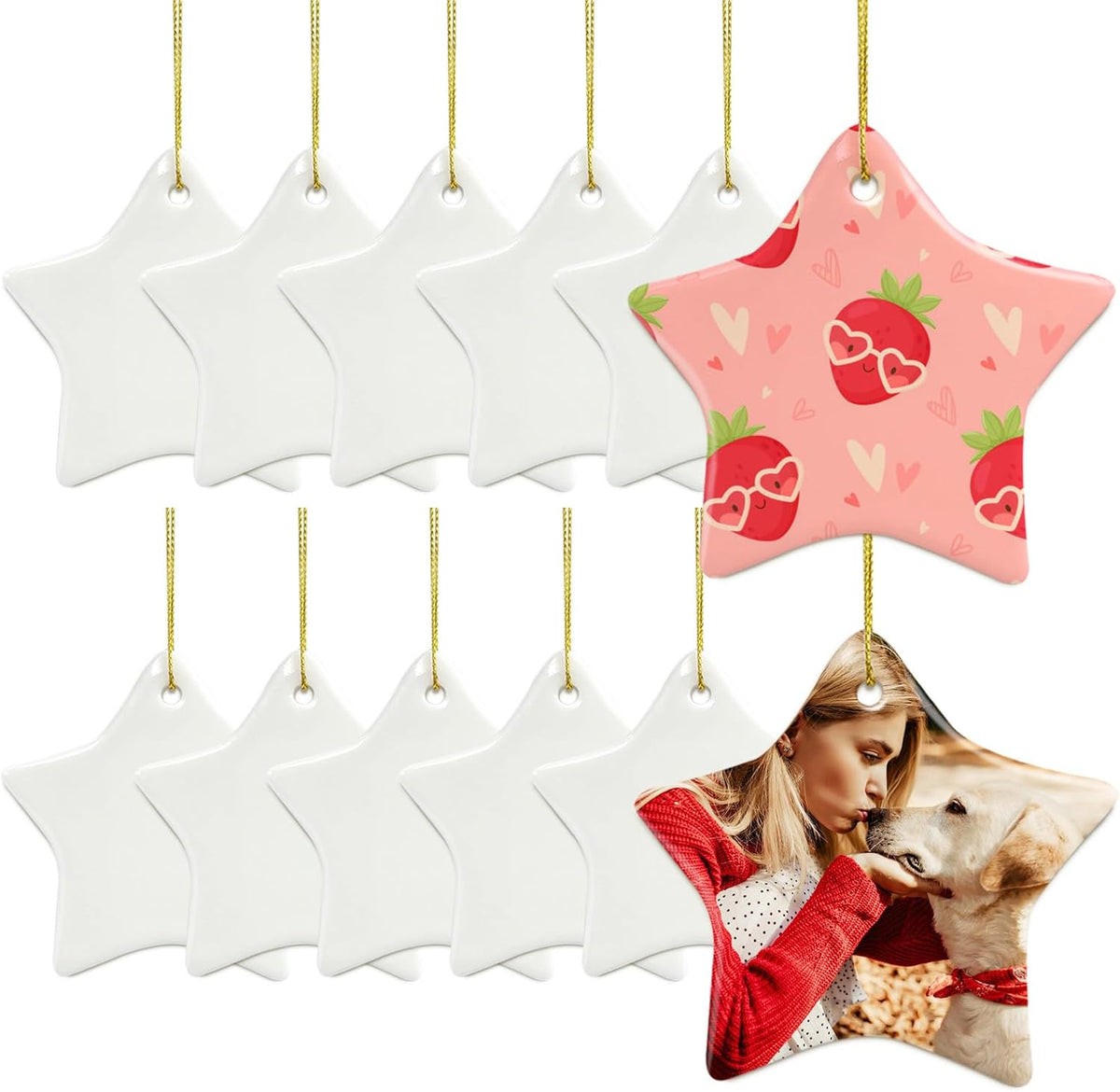 Sublimation Ceramic Ornament Blanks - Bulk White Porcelain Ornament for Heat Press Printing - Personalized Christmas Decoration Supplies (12 Stars)