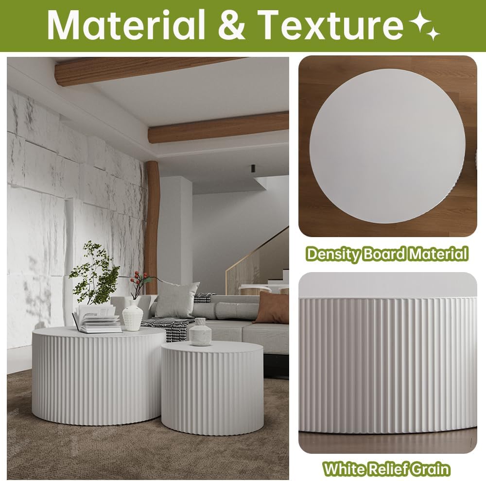 Round Nesting Coffee Table Set of 2 Small Round Coffee Tables for Living Room Modern Fluted Coffee Table Circular End Table Side Table for Small Spaces No Assembly (White B, 27 in)