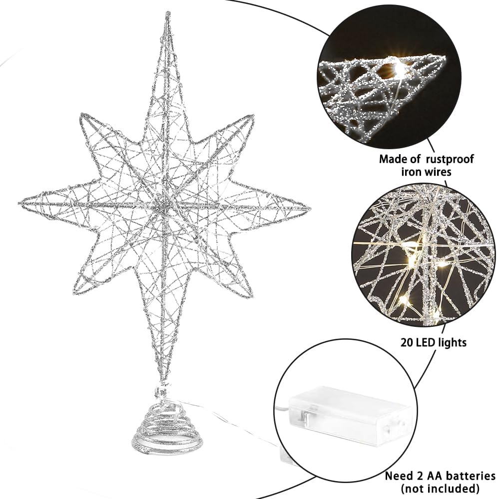Christmas Tree Topper 13.5” Silvery Star Tree Toppers with 20 LED Lights for Christmas Tree Decorations, Xmas Tree Top Ornament for New Year Holiday Home Office Indoor