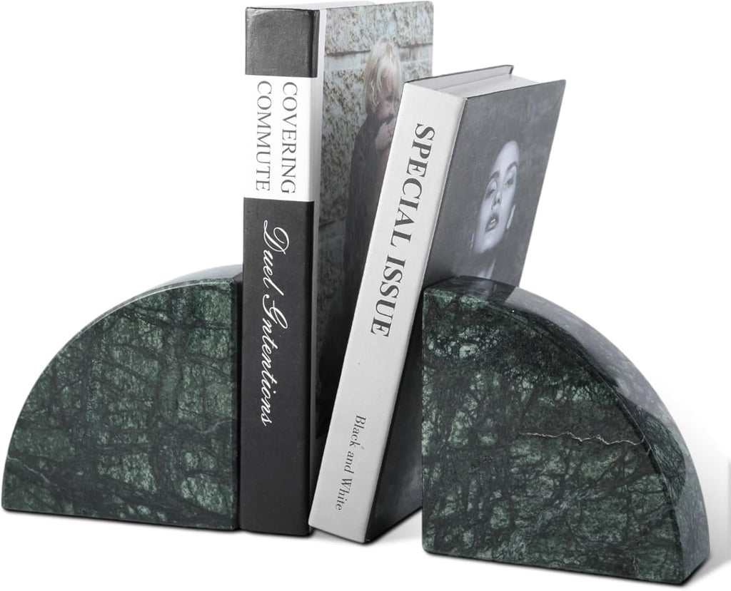 Marble Bookend for Shelves, Non-Skid Bookends for Heavy Books, Heavy Duty Book Stopper for CDs, Luxury Book Shelf Holder, Quarter Circle Design Book Ends Decorative, Indian Green, Set of 2
