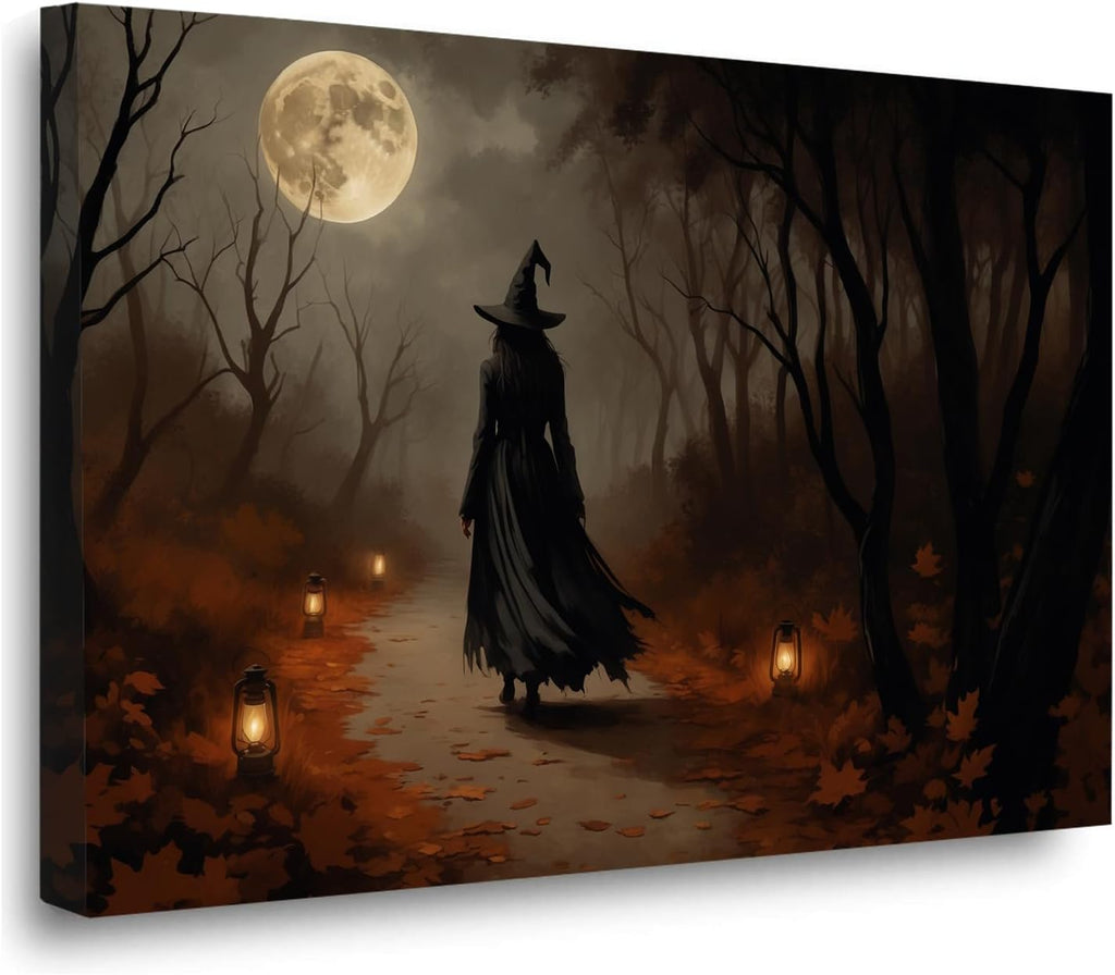 Moonlight witch poster dim lantern Halloween decoration Gothic style dark retro college style canvas wall art suitable for living room bedroom12x16in Wood Framed