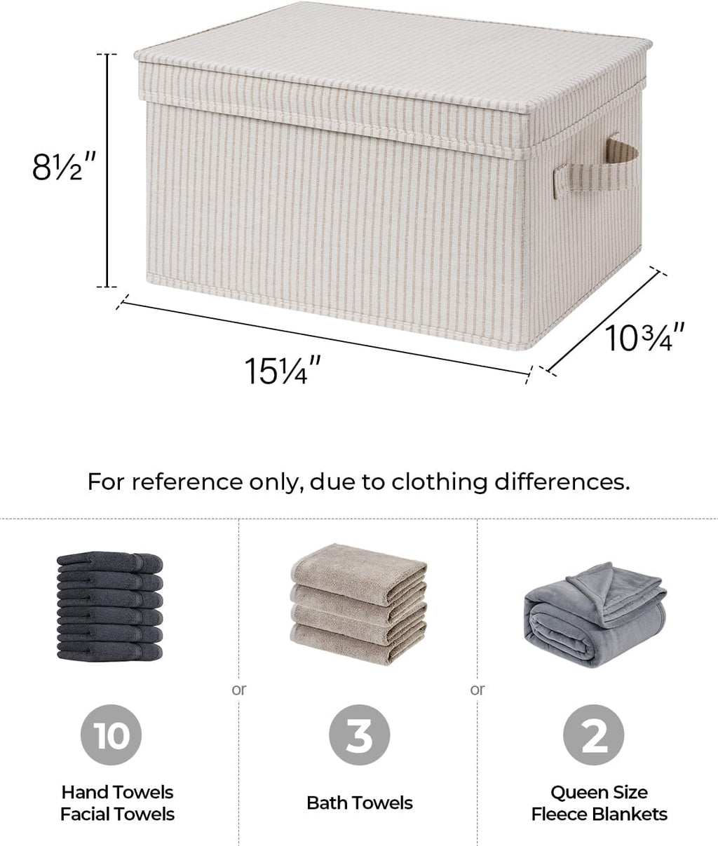 StorageWorks Large Storage Bins with Lids, Decorative Storage Boxes with Lid and Handles, Foldable Storage Baskets for Closet, Shelves, Stackable, Khaki Stripe, 3-Pack