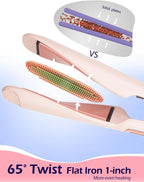 ANGENIL Pro Twist Flat Iron Hair Straightener, 2 in 1 Straightener and Curling Iron for Women, Round Pink Dual Voltage Hair Straightener with Silicone Heat Resistant Mat, 20s Fast Heating, LCD Display