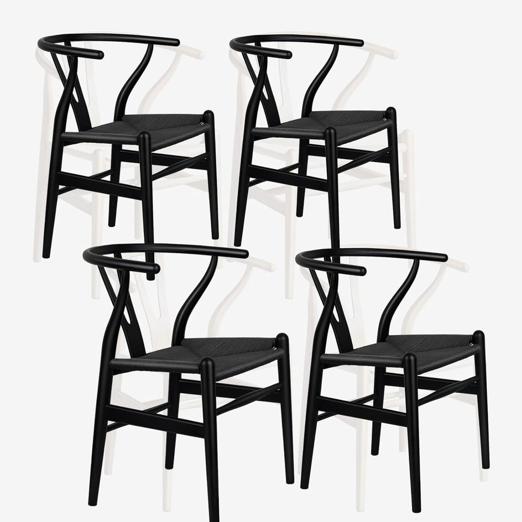 Wishbone Chair Natural Solid Wood Dining Chair/Hans Wegner Y Chair Rattan and Wood Accent Armrest Chairs Set of 4 (Ash Wood + Black 4 Chairs)