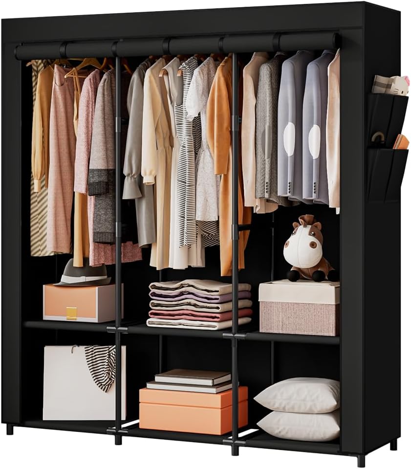 SORCEDAS Portable Closet Wardrobe Storage Organizer Metal Hanging Rack Non-Woven Fabric 50 Inch (Black)