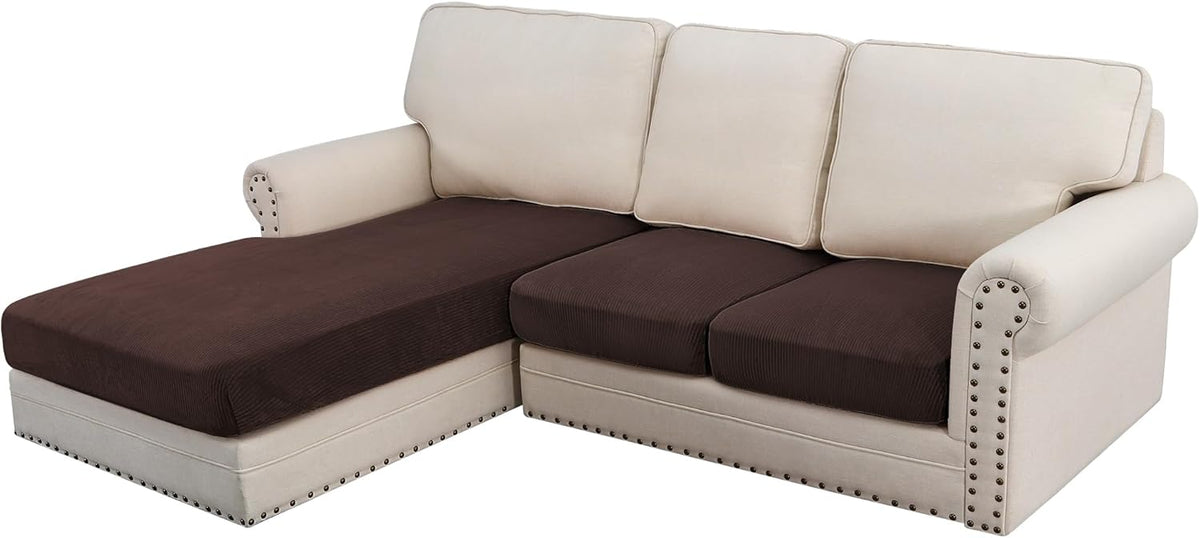 H.VERSAILTEX Velvet Stretch Sectional Couch Covers - 3 Piece L Shape Separate Cushion Set for Large 2 Seater + 1 Chaise, Brown Striped