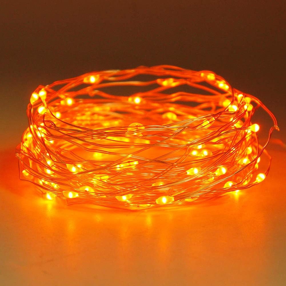 Twinkle Star 2 Pack Orange Halloween Fairy Lights Battery Operated, Total 66 ft 200 Led String Lights Remote Control Timer Silver String Light 8 Modes Firefly Lights for Garden Party Indoor Decor