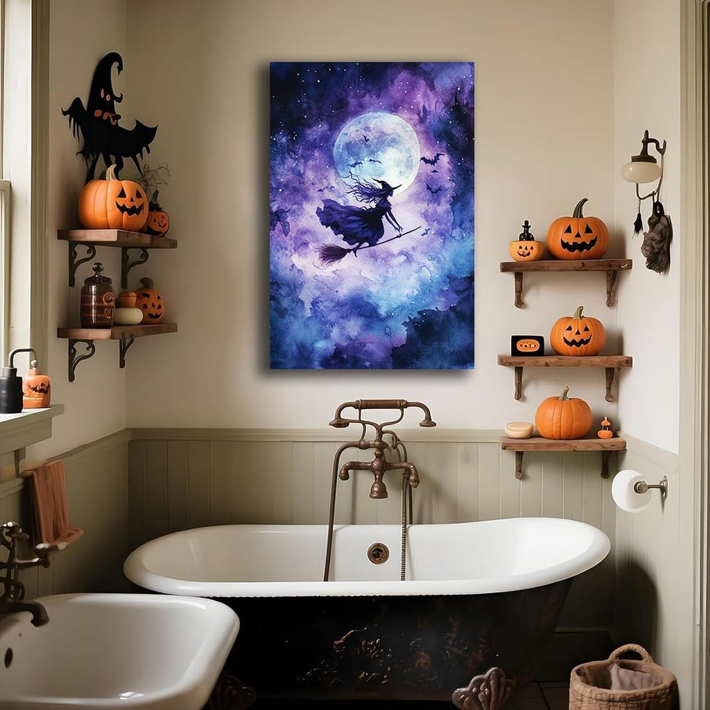 Witch On Broom Flying Wall Art,Gothic Halloween Canvas Wall Art,Victorian Witch Silhouette In Moonlight Broomstick Poster Pictures,Creepy Halloween Purple Night Sky Print,20"x30" Unframed