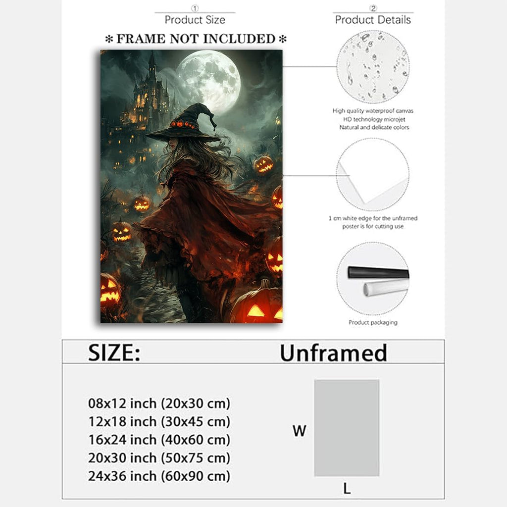Dark and Moody Gothic Witch Poster Wall Art,Vintage Rustic Witch in Cloak with Castle Pumpkin Road Dark Gothic Poster,Goth Spooky Season Halloween Prints for Fantasy Office,24"x36" Unframed