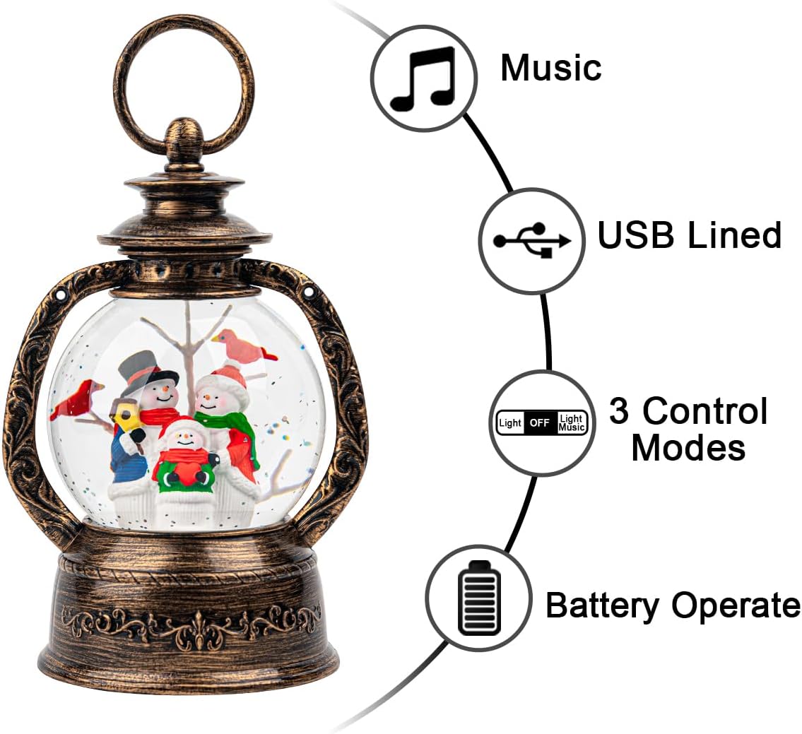 Christmas Snow Globe Lantern Water Glittering Snowman with Music, USB Lined/Battery Operated Lighted Lantern for Christmas Festival Decoration Gifts