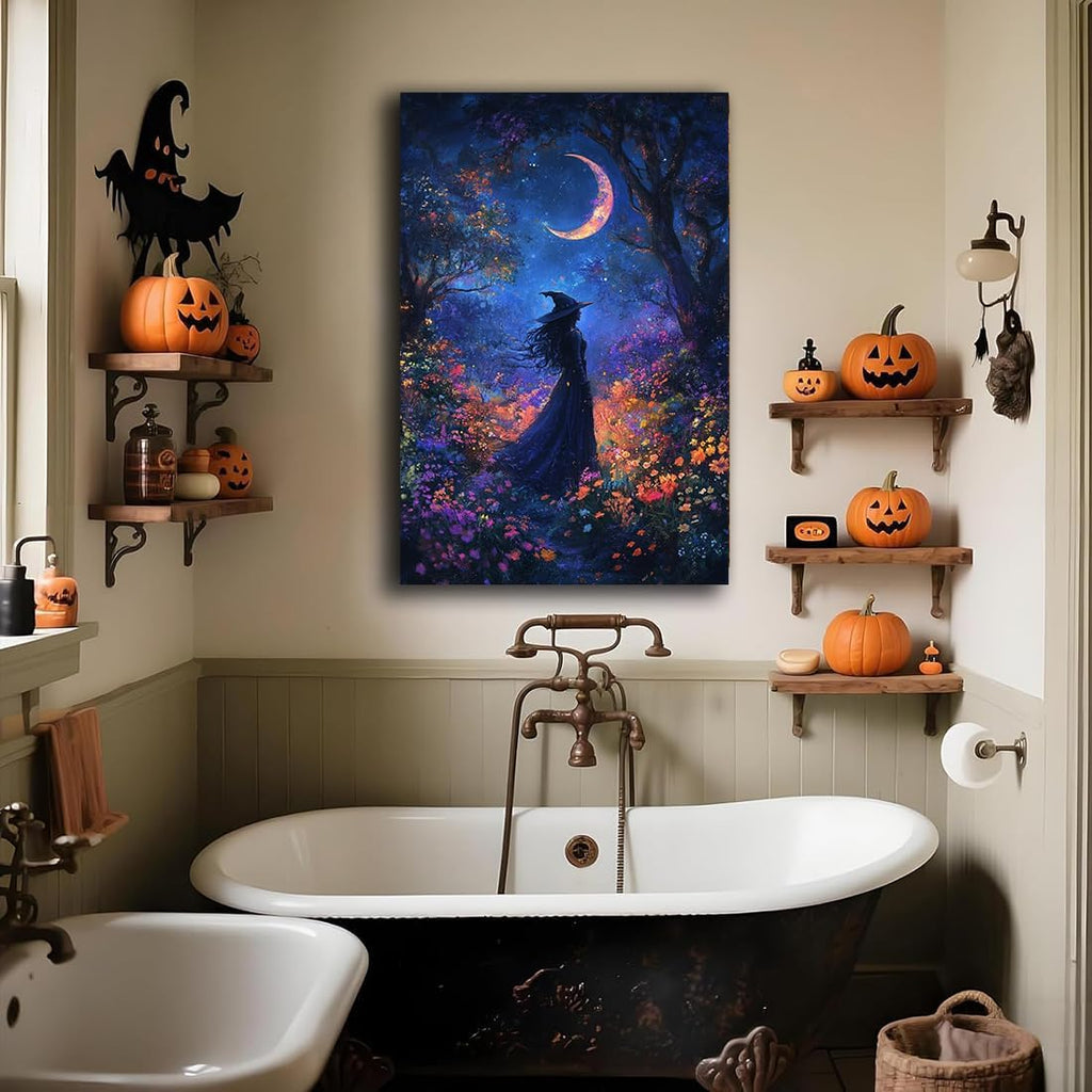 Vintage Halloween Witch Decor Mystic Gothic Wall Art Poster,Enchanting Witch Fall Whimsical Wildflowers Woodland Forest Crescent Moon Picture Art,Creepy Witchy Home Decor,16"x24" Framed