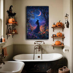 Vintage Halloween Witch Decor Mystic Gothic Wall Art Poster,Enchanting Witch Fall Whimsical Wildflowers Woodland Forest Crescent Moon Picture Art,Creepy Witchy Home Decor,16"x24" Framed