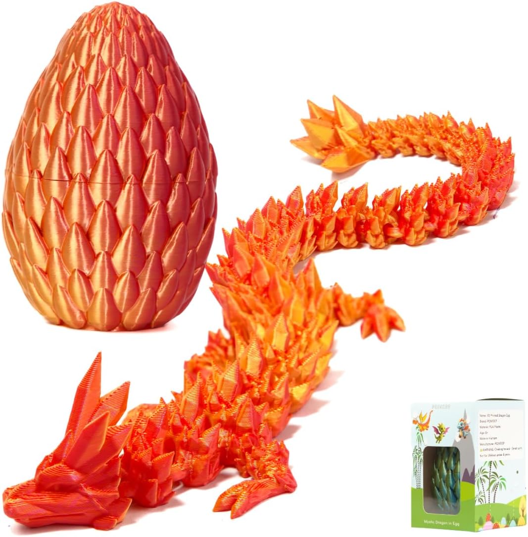 3D Printed 12” Articulated Crystal Dragon Inside 5.1” Egg - Unique Collectible, Fidget Toy, Fantasy Home & Office Desk Decor (Laser Red)
