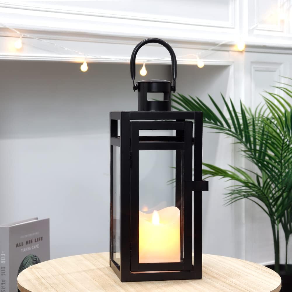 TRIROCKS Metal Candle Lantern 12'' High Decorative Outdoor Lantern Hanging Lantern with Tempered Glass for Christmas Home Decor Living Room Parties Events Tabletop Indoors Outdoors (Black Matte)