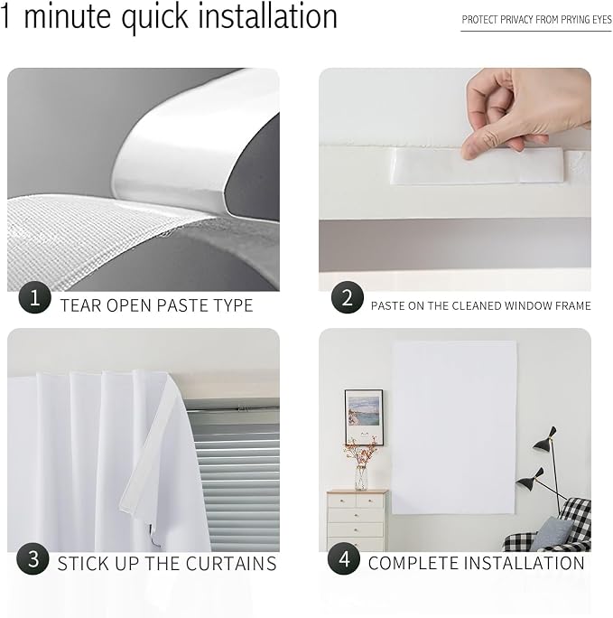 Thermal Blackout Curtains with Self Adhesive Tape No Rod No Drill Easy Install - Image 4
