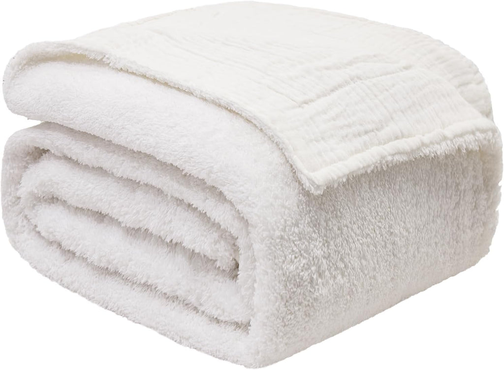 EMME White Throw Blanket Muslin and Fleece Blanket for Women Reversible - 50"*60" Soft & Cozy Warm Lightweight Small Blankets for Couch Bed Picnic Travel Bed