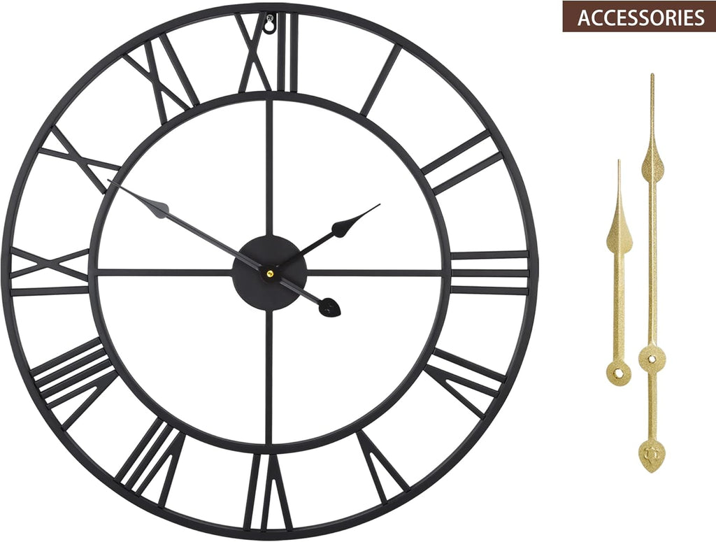Large Modern Metal Wall Clocks Rustic Round Nearly Silent Little Ticking Battery Operated Roman Numerals Clock for Living Room/Bedroom/Kitchen Wall Decor-(Black, 47cm)