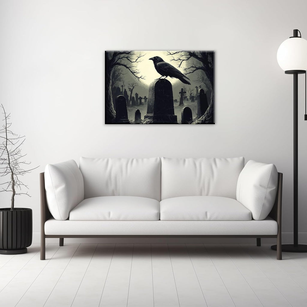 Crow Canvas Wall Art Gothic Black Bird On Branch Painting Print Spooky Forest Full Moon Scenery Poster Artwork Framed Halloween Home Decor(Artwork-3,12"x18")
