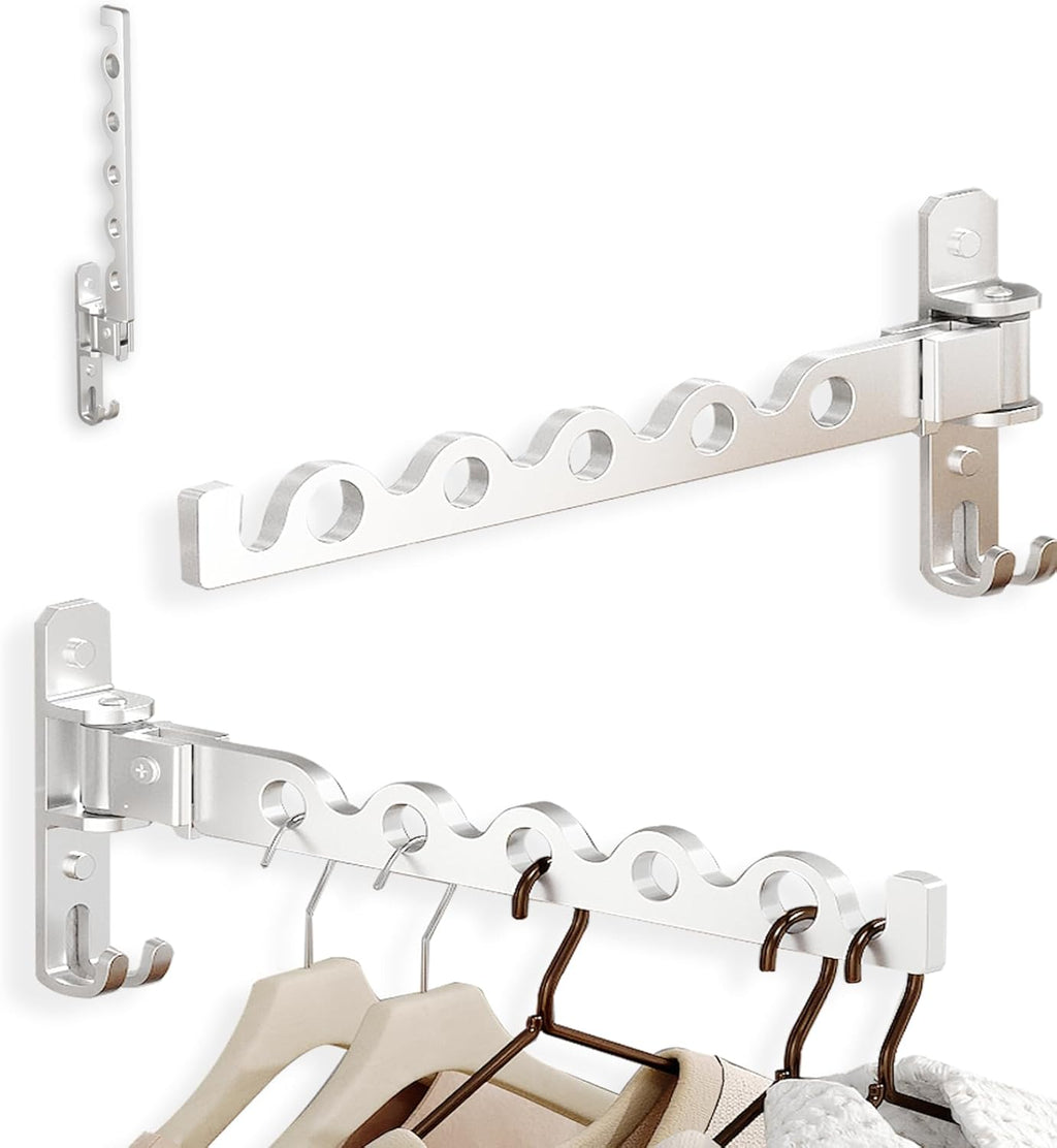 Dr.DJ Wall Hanger for Clothes, Coat Hanger Wall Mounted Silver Retractable Clothes Drying Organizer Rack Garment Hooks Aluminium Folding Indoor Space Save (2 Racks) Silver
