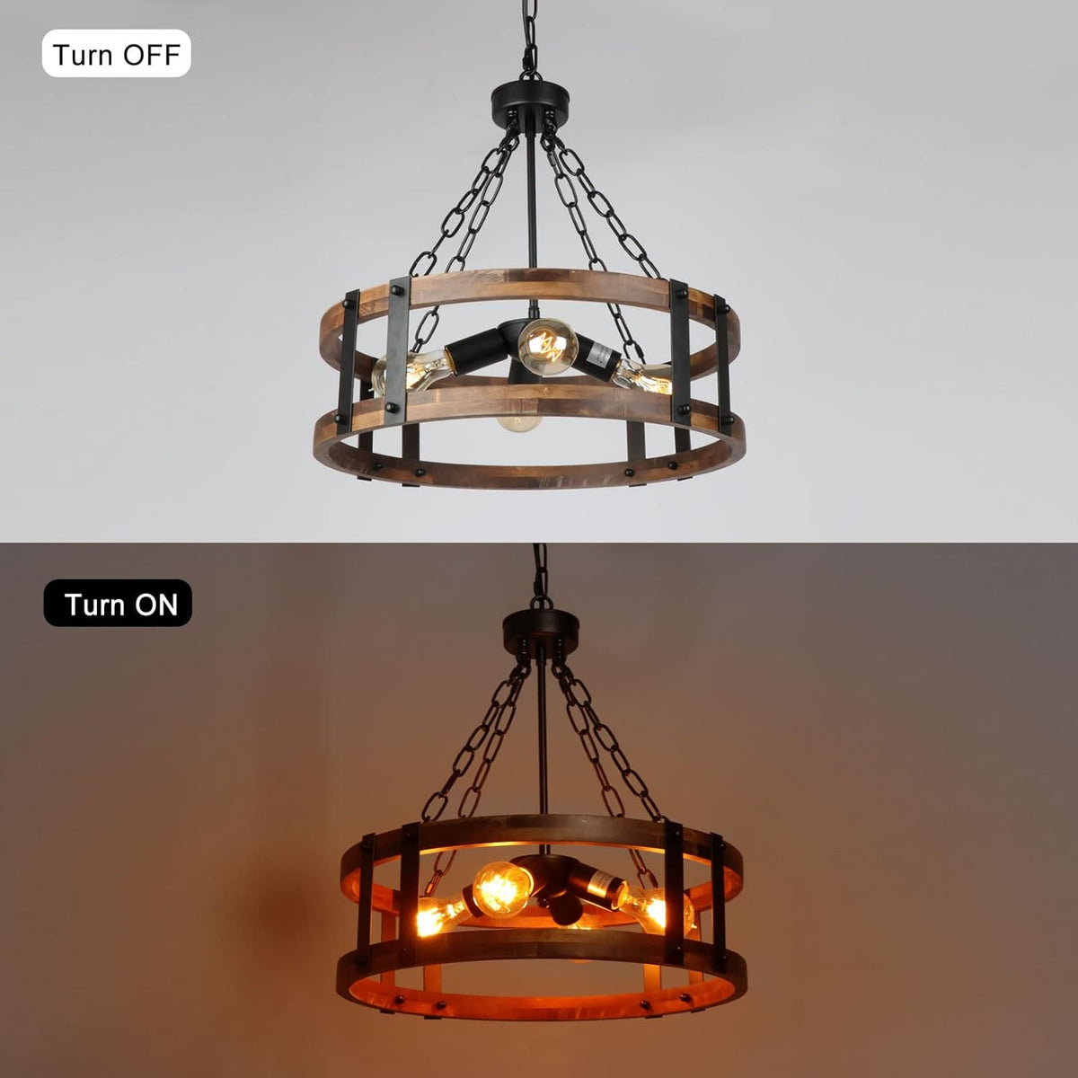 Farmhouse Rustic Wood Chandelier, 4-Light Industrial Drum Chandelier for Dining Room Vintage Pendant Hanging Light Fixture with Black Metal Accent for Kitchen Living Room Dining Area