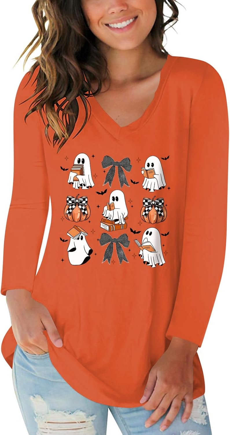 Tobrief Women's Long Sleeve V-Neck Shirts Fall Graphic Tees Loose Casual T-Shirt