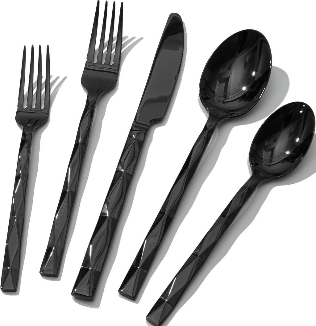 KINGSTONE Black Silverware Set, Luxury 20 Piece Flatware Set for 4, 18/10 Stainless Steel Cutlery Set with Diamond Cut Pattern for Kitchen, Home, Wedding, Party, Mirror Polished and Dishwasher Safe