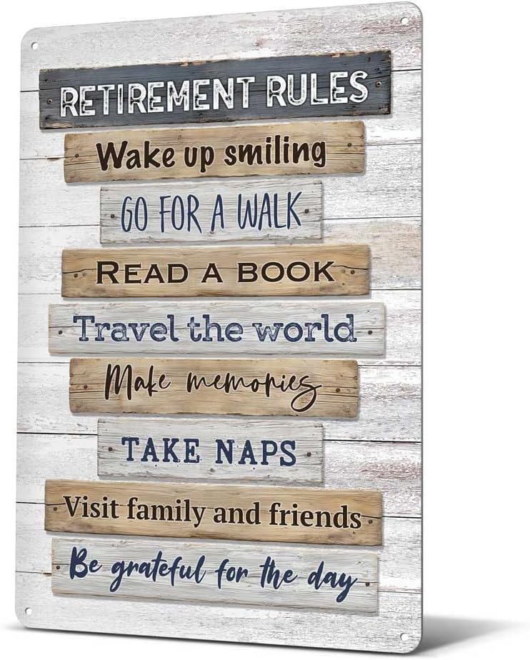 Heuhuww Retirement Gifts,Vintage Retirement Rules Metal Sign for Party Home Room Decorations Retiree Gift Ideas 12"x8"(H21)