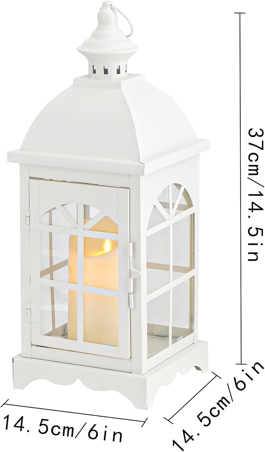 TRIROCKS Decorative Vintage Candle Lanterns 14.5" H Farmhouse Outdoor Hanging Lanterns with Tempered Glass for Porch, Balcony, Patio, Home, Centerpieces, Indoor, Outdoor(White)