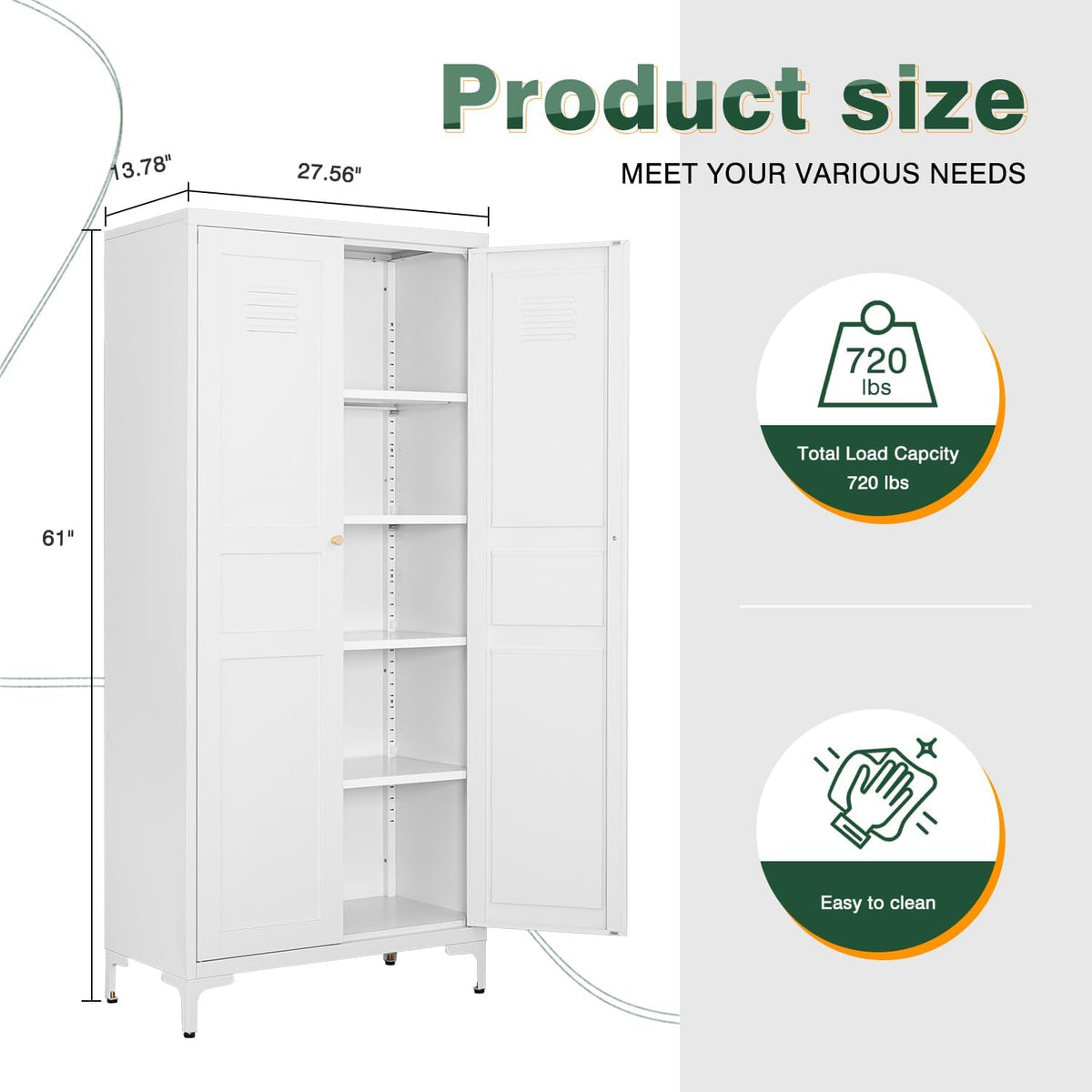 Letaya White Storage Cabinet with Feets-Metal Home Kitchen Pantry Cabinets with Doors and Adjustable Shelves,Organization Locker for Cupboard/Bedroom/Dining/Living/Bathroom/Office/Garage Room (White)