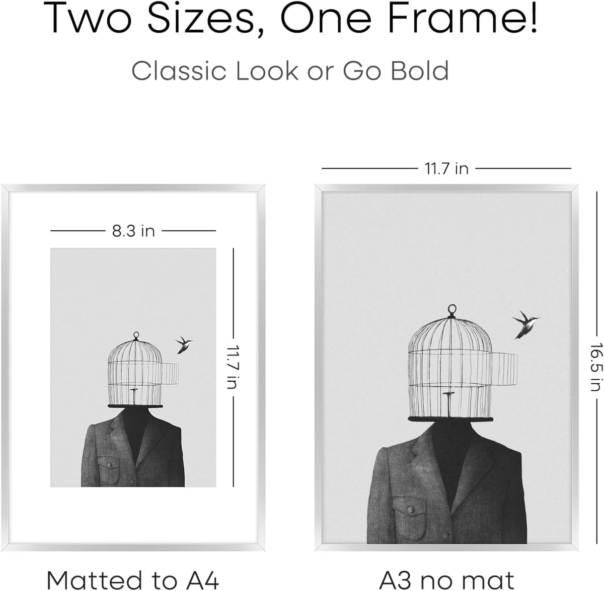 Homeforia A3 Picture Frame Silver, High End Metal 11.7 x 16.5 inch Poster Frames with Mat 8.3 by 11.7 for Photo, A3 Size Frames Matted to A4 Art, 11.7x16.5 Wall Hanging Frame, Tempered Glass, Set of 1