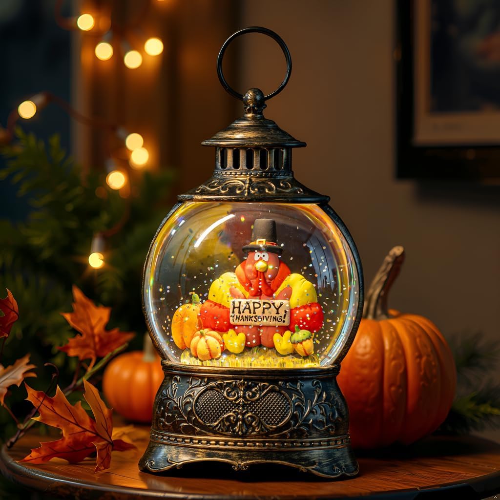 Fall Snow Globe Lantern with Autumn Turkey and Pumpkins Thanksgiving LED Decor for Home, Indoor Tabletop Centerpiece with Glitter Flakes, Harvest Light Decorations