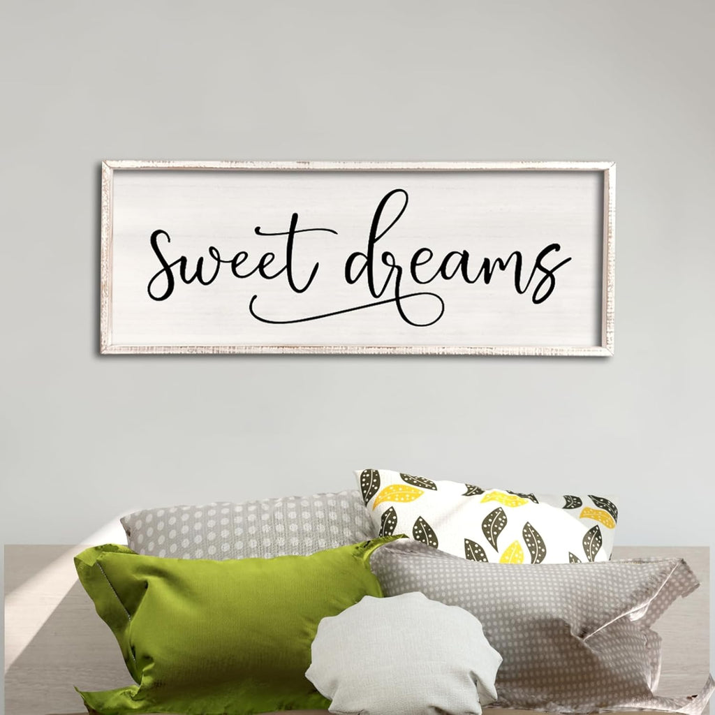 comurdyo Sweet Dreams Wall Decor Above Bed Sign 40" x 15" Master Bedroom Wooden Antique Framed Large Rustic Farmhouse Guest Room Beautiful Simple Hanging Plaque Over Bed Wall Art (White)