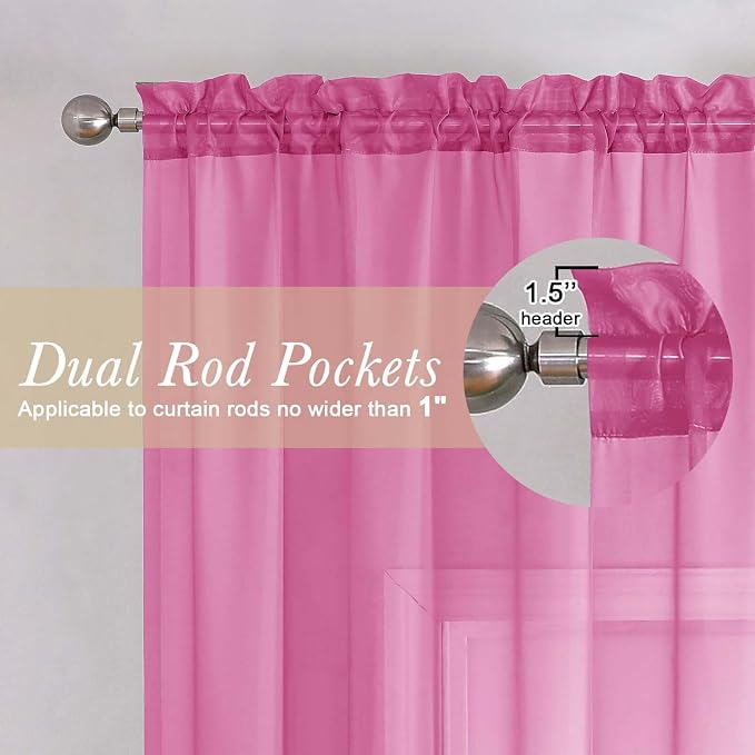 Hot Pink Sheer Curtains 78 Inches Long 2 Panels, Rod Pockets Solid Voile Living - Image 5