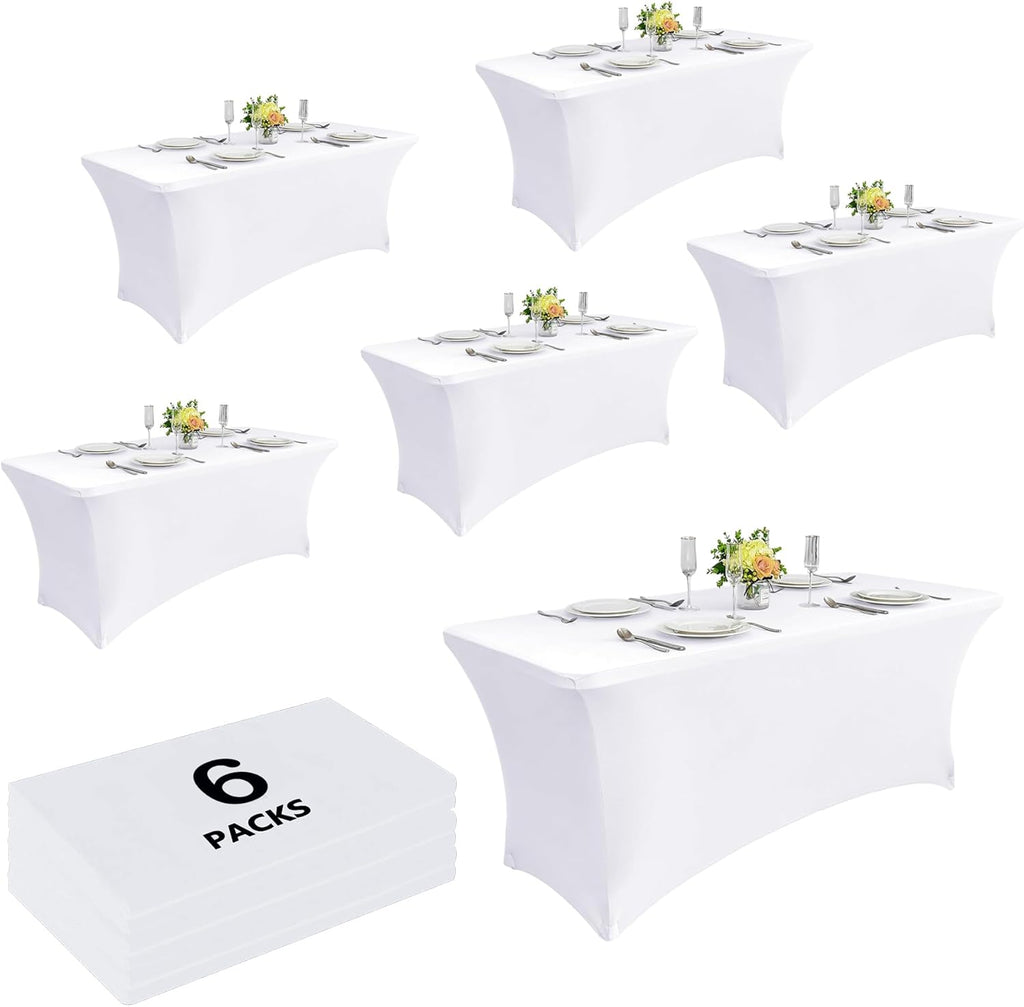 Craft And Party 6 Pack 6ft White Spandex Tablecloth – Fitted Stretch Cover – Universal Fit for Folding Tables – Wrinkle-Free, Washable – Ideal for Parties, Weddings, Events