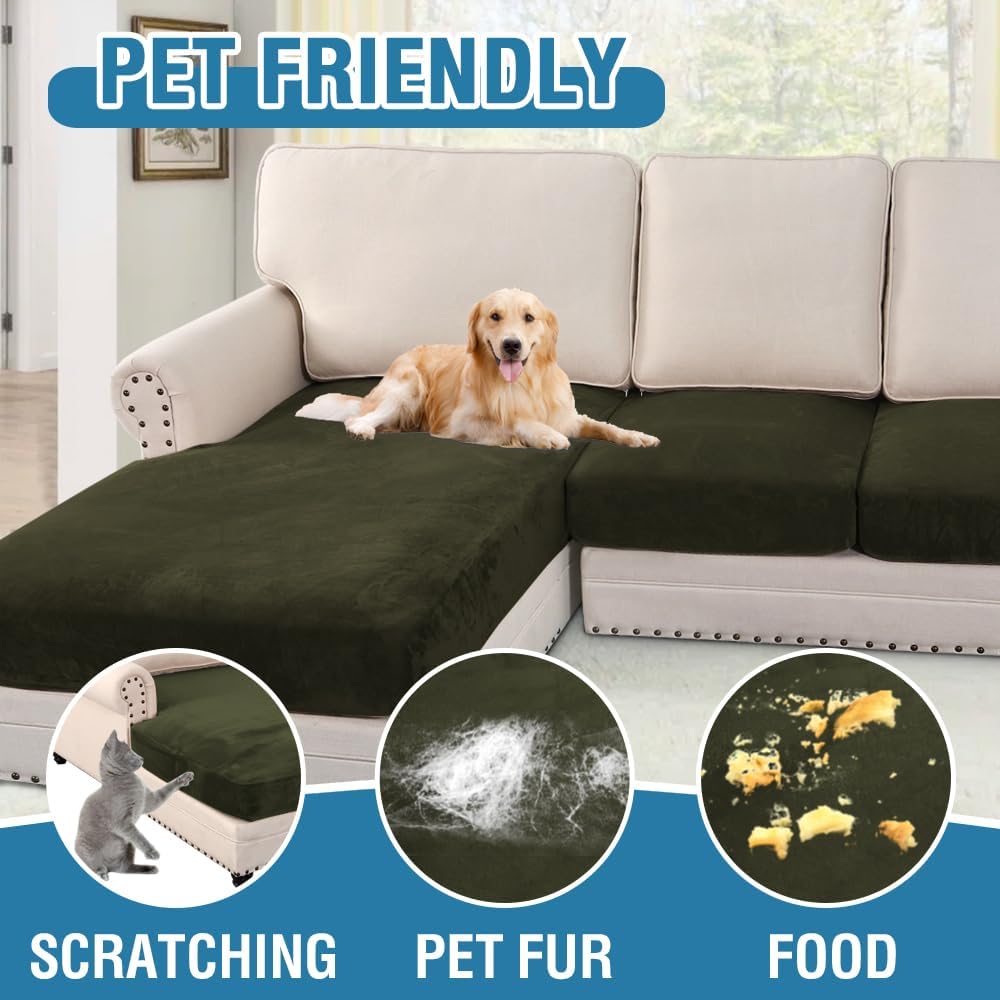 H.VERSAILTEX Velvet Stretch Sectional Couch Covers 3 Pieces Sofa Seat Cushion Covers L Shape Separate Couch Cover for Both Left/Right Sectional Couch (Large Sofa 2 Seater + 1 Chaise, Olive)