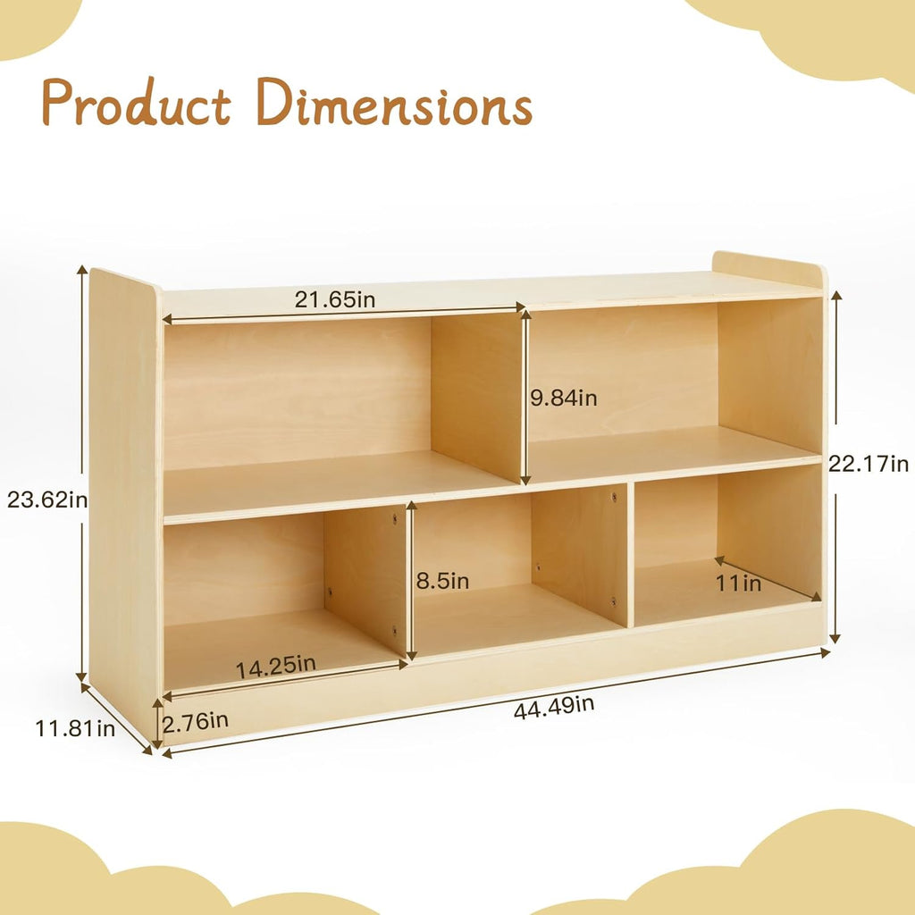 Montessori Shelf, Wooden Toy Storage Organizer for Books Toys, 2 Shelf Bookcase, 5-Section Storage Cabinet, Toddler Book Shelf for Kids Rooms, Playroom, Nursery, Kindergarten (Natural)