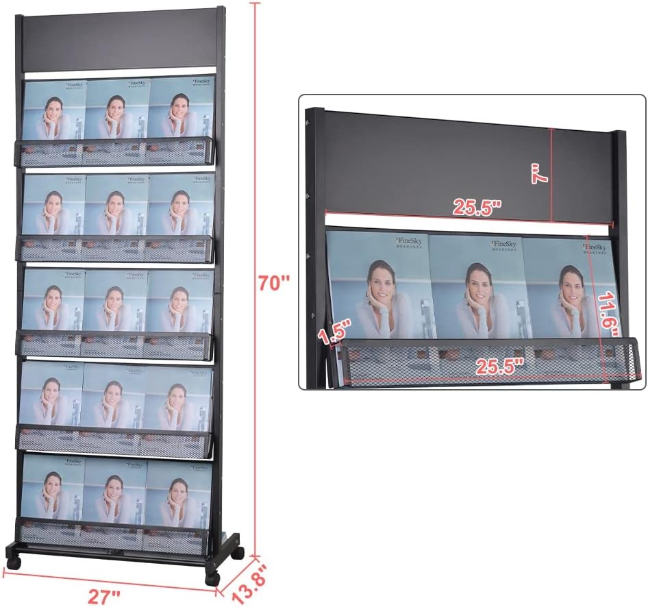 Floor Magazine Rack brochure Display Stand for Offices and Public Reception Area，Literature Rack with 4 Universal Wheels (70"×27×13.8")