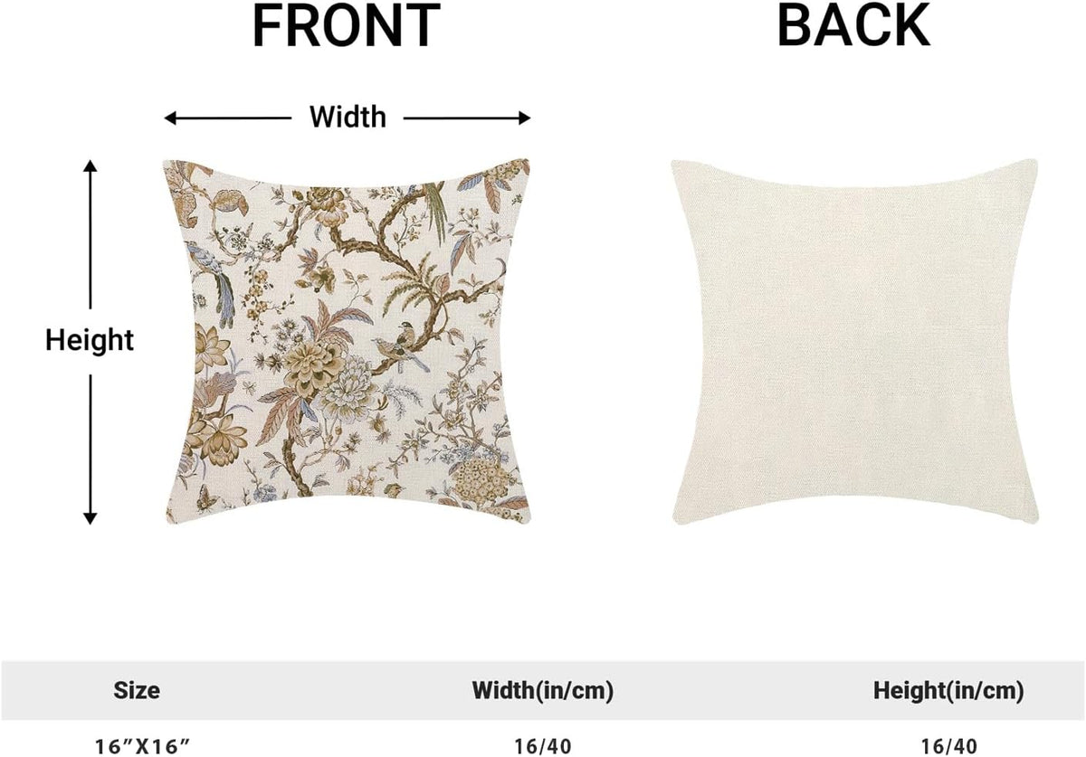 CXMEIFLY Spring Floral Birds Pillow Covers 16 x 16 Inch Set of 2 for Chinoiserie Flowers Decor Throw Pillows Brown and White Plant Outdoor Decorative Cushion Cases for Couch Bed Decorations