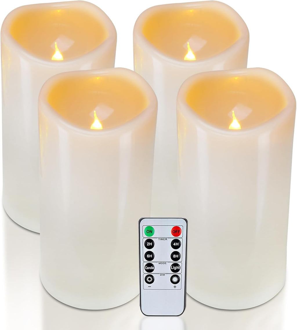 Homemory 4" x 8" Waterproof Outdoor Flameless Candles, Battery Operated Flickering LED Pillar Candles with Remote and Timers for Indoor Outdoor Lanterns, Long Lasting, Large, Dark Ivory, Set of 4