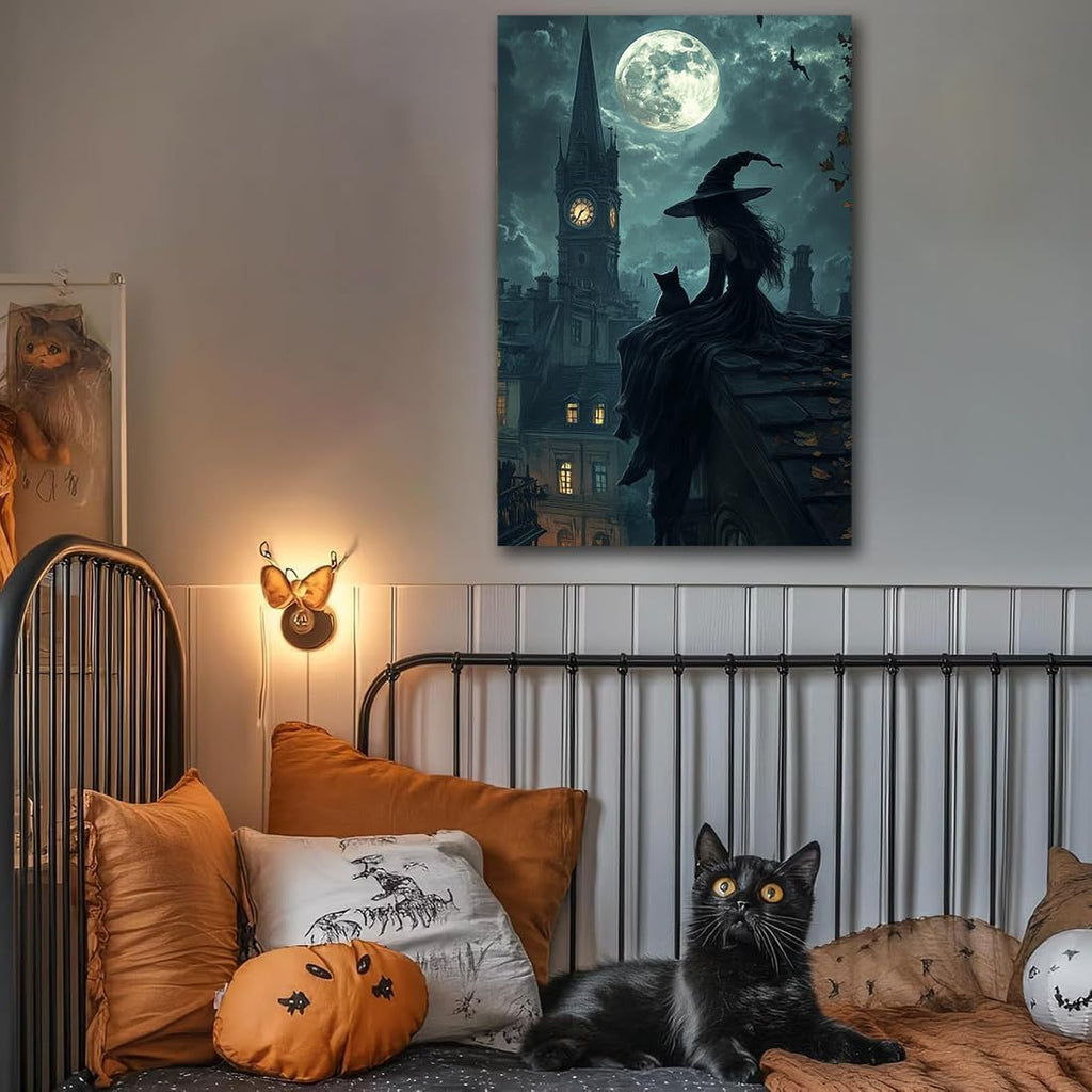 Halloween Witch Black Cat Wall Art,Magical Moon Witch on Roof with Black Cat at Night Scene Painting Haunting Dark Witches Canvas Print for Haunted House Party Decor Poster,24"x36" Framed