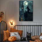 Halloween Witch Black Cat Wall Art,Magical Moon Witch on Roof with Black Cat at Night Scene Painting Haunting Dark Witches Canvas Print for Haunted House Party Decor Poster,24"x36" Framed