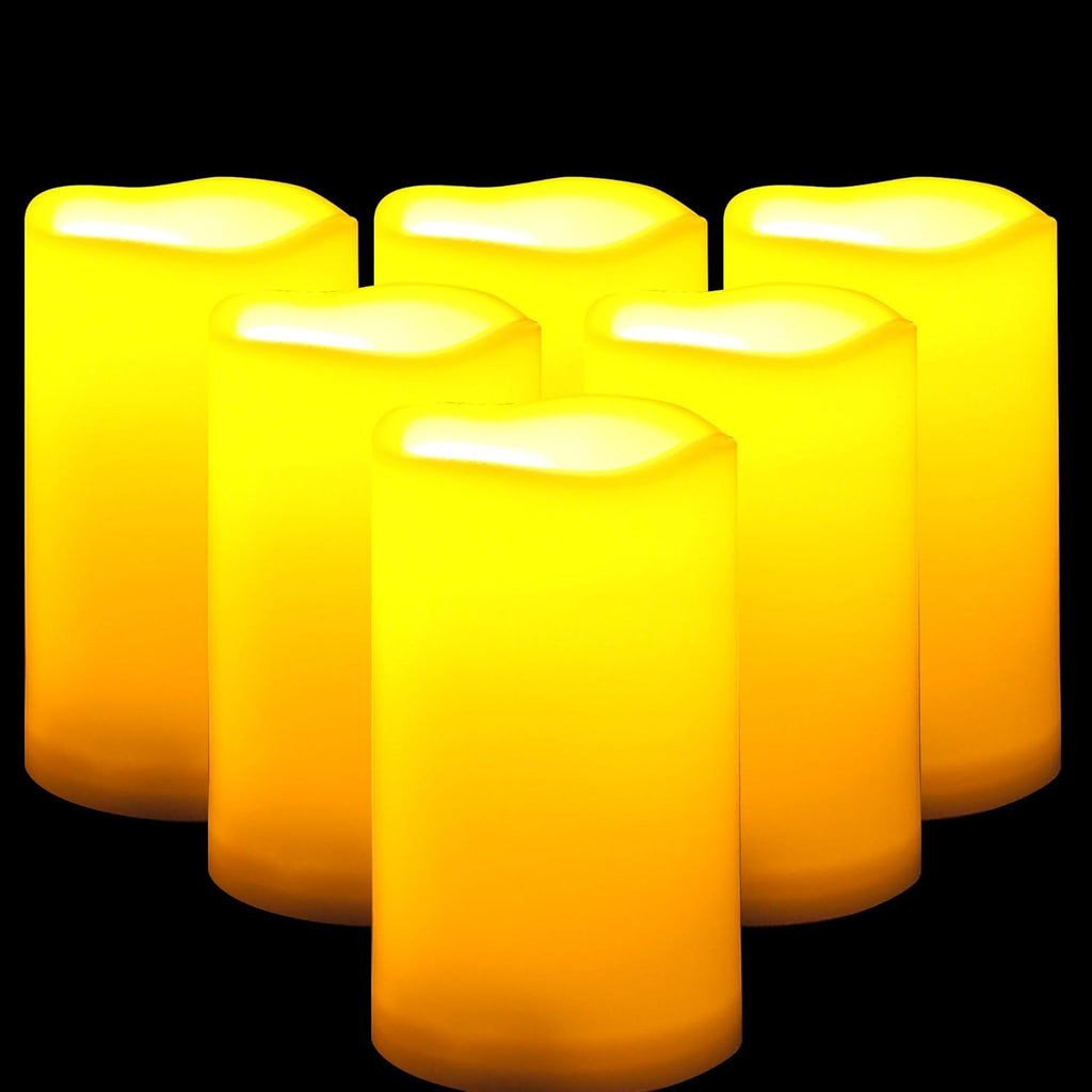 CANDLE CHOICE Waterproof Outdoor Battery Operated Flameless Candles with Remote Timer Plastic Realistic Flickering Fake Electric LED Pillars Lantern Garden Wedding Christmas Decorations 3”x5” 6 Pack