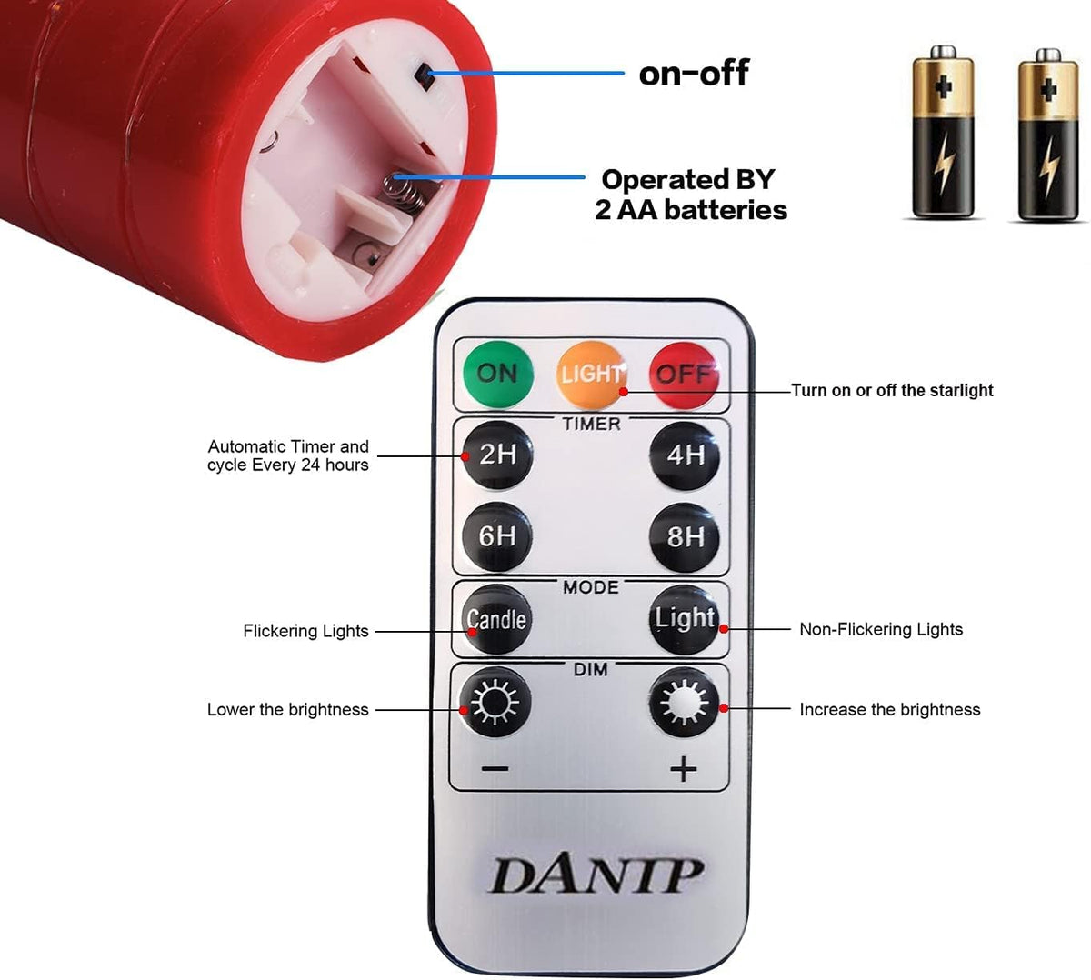 danip red LED flameless Candle with Embedded Star String, 3-Piece Set of LED Candles, with 11 Button Remote Control, 24-Hour Timer Function, Dancing Flames, Real Wax, Battery Powered. (Red)