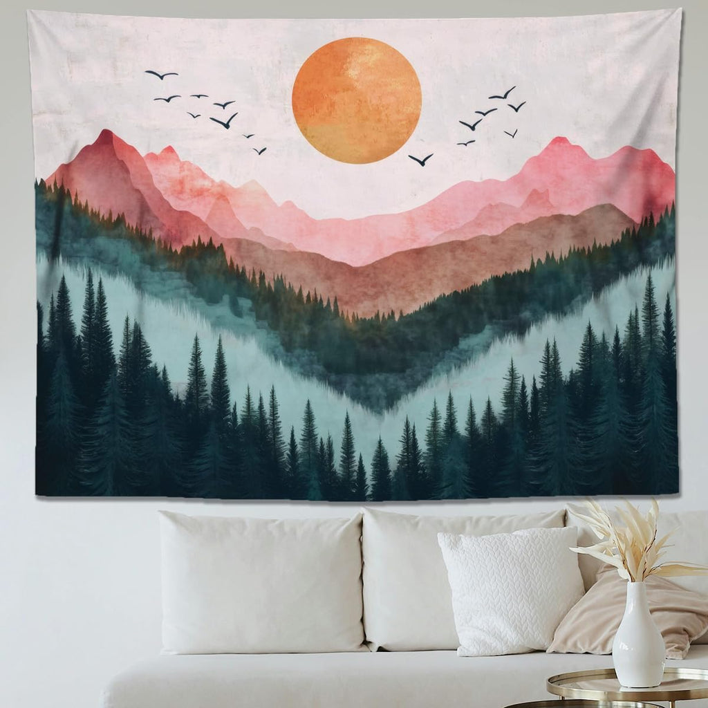 keowhsf Sunset Mountain Forest Tapestry - Large Nature Landscape Wall Hanging, Aesthetic Pine Tree Scenery Wall Art for Bedroom & Living Room Decor