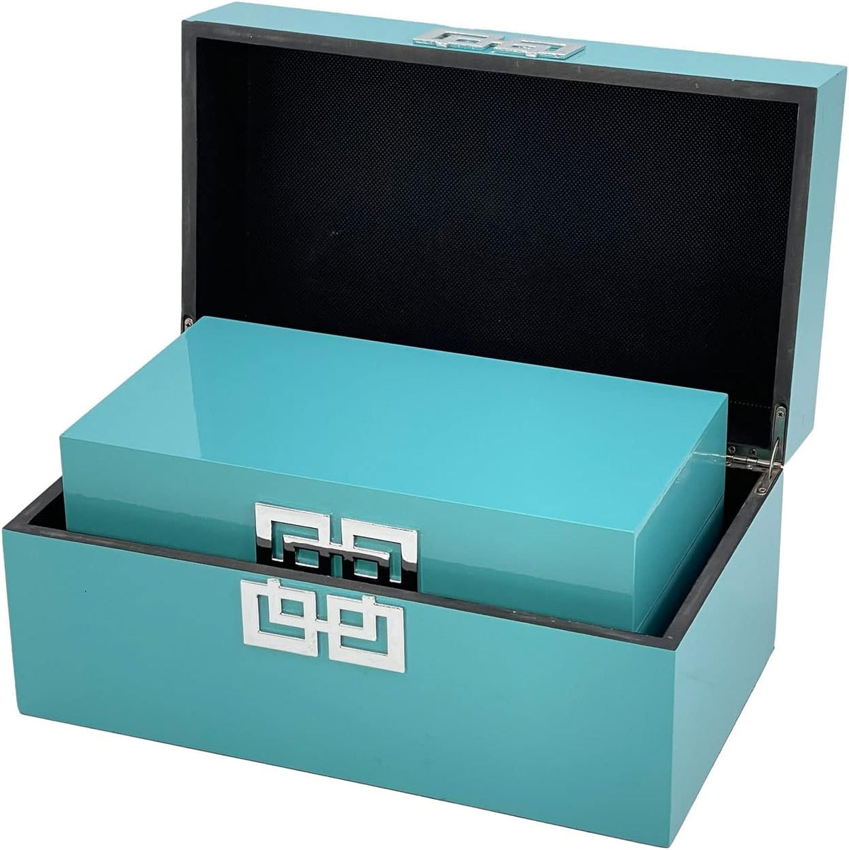 Galt International Large & Small Decorative Storage Box w/Hinged Lid - Classic Design Wood Decor Boxes with Geometric Opening Clasp - Storage for Bedroom and Home - Set of 2 (Blue)